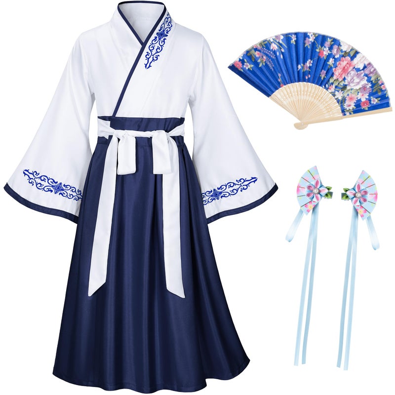 Elibelle Asian Traditional Dress Kimono Robe for Kids Girls Costume Silk Folding Fans hairstick Cosplay(White Navy140cm - Image 1
